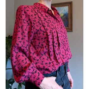 Vintage Blouse SIZE 10 Med Hot‎ Pink Pleated Button Up Flowy Floral JUSTINE TODD